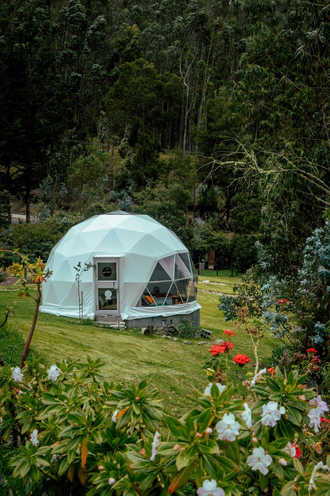 Domo geodésico de Nómada Glamping rodeado de jardín